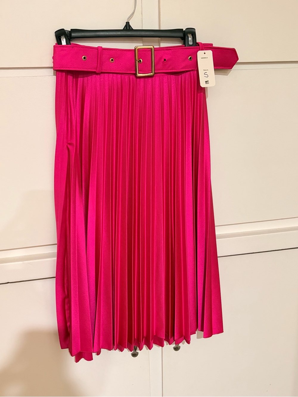 Pleated Midi Skirt with Belt in Hot Pink